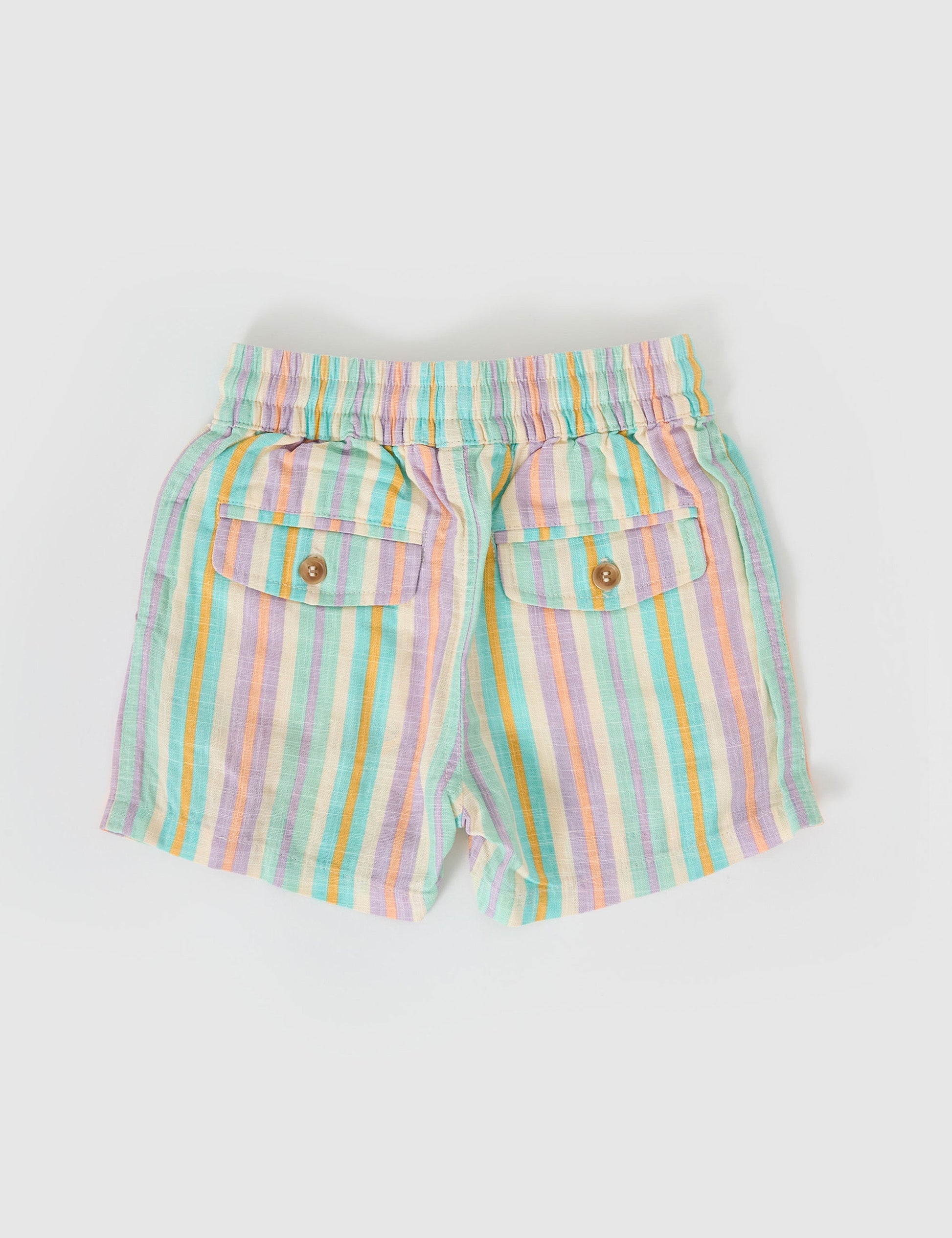 The Goldie + Ace Noah Linen Shorts in Resort Stripe pictured on a grey background. The material is linen. It is a bottom made for babies, toddlers and kids.