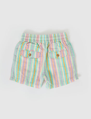 The Goldie + Ace Noah Linen Shorts in Resort Stripe pictured on a grey background. The material is linen. It is a bottom made for babies, toddlers and kids.