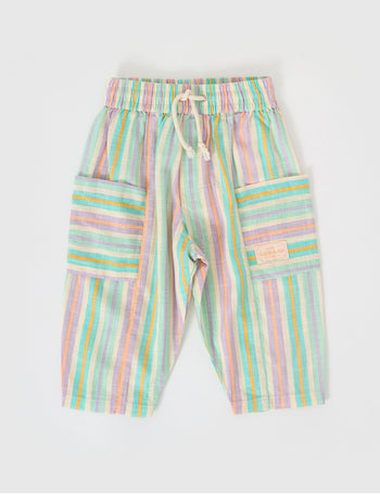 The Goldie + Ace Kit Linen Pocket Pant in Resort Stripe pictured on a grey background. The material is linen. It is a bottom made for babies, toddlers and kids.