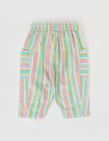 The Goldie + Ace Kit Linen Pocket Pant in Resort Stripe pictured on a grey background. The material is linen. It is a bottom made for babies, toddlers and kids.