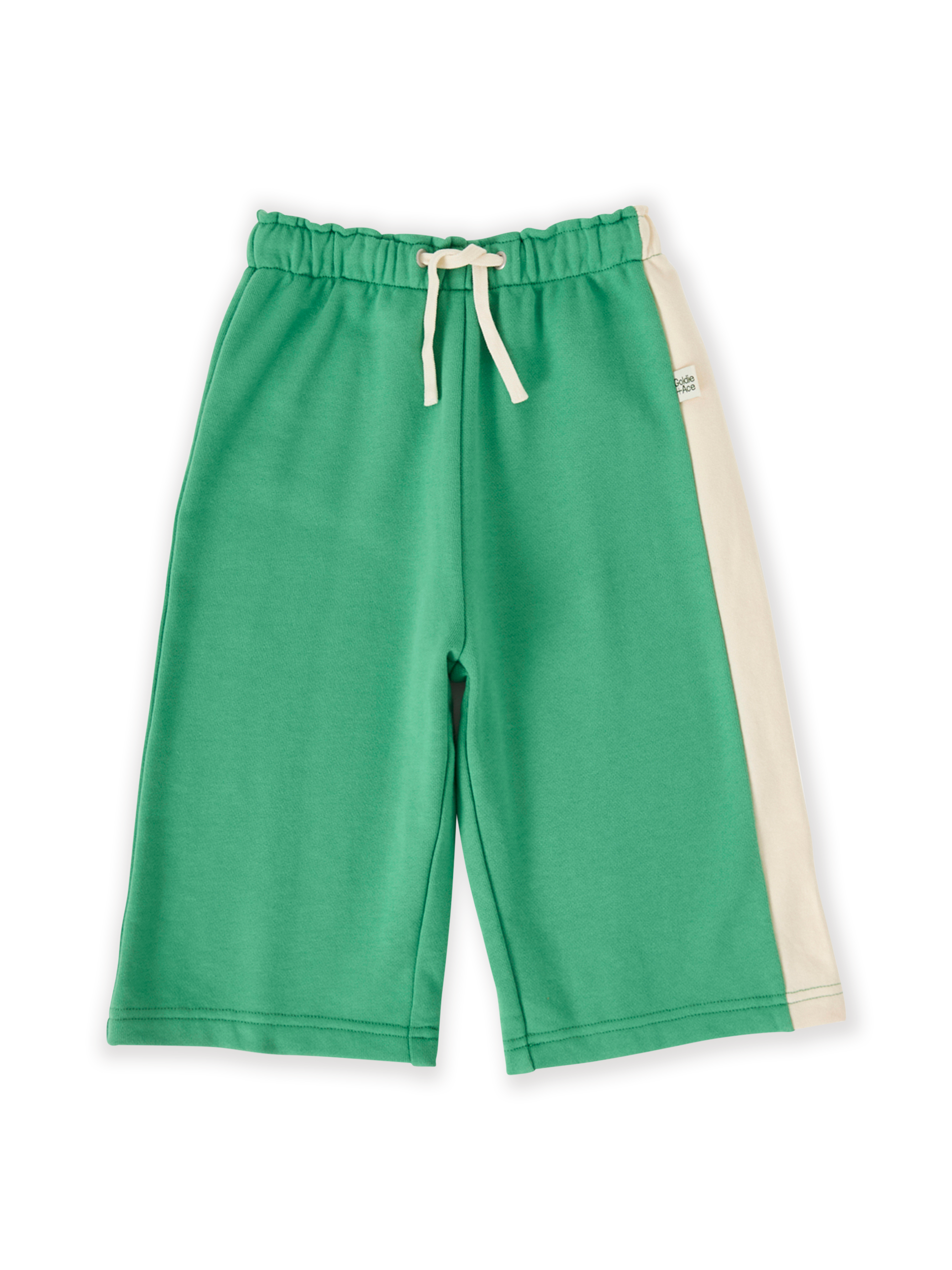 The Goldie + Ace Arlo Wide Leg Pant in Fern/Vanilla pictured on a transparent background. The material is 100% cotton. It is a bottom made for babies, toddlers and kids.
