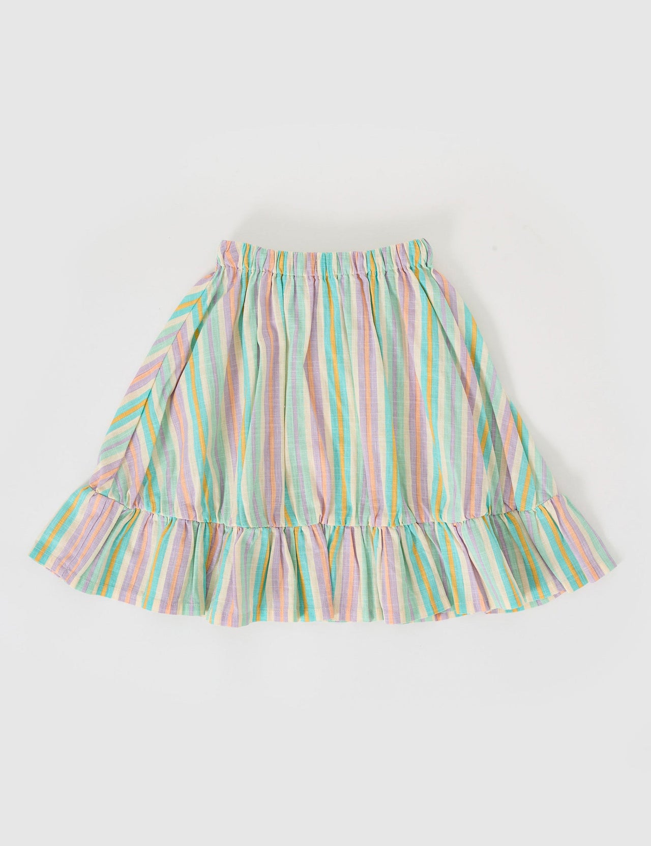 The Goldie + Ace Lior Linen Skirt in Resort Stripe pictured on a grey background. The material is linen. It is a bottom made for babies, toddlers and kids.