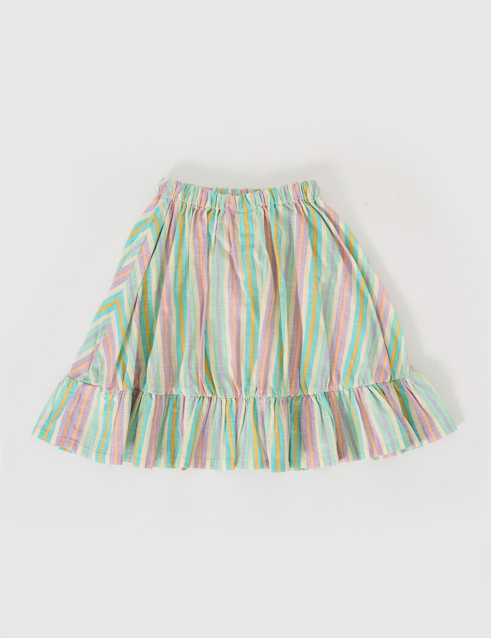 The Goldie + Ace Lior Linen Skirt in Resort Stripe pictured on a grey background. The material is linen. It is a bottom made for babies, toddlers and kids.