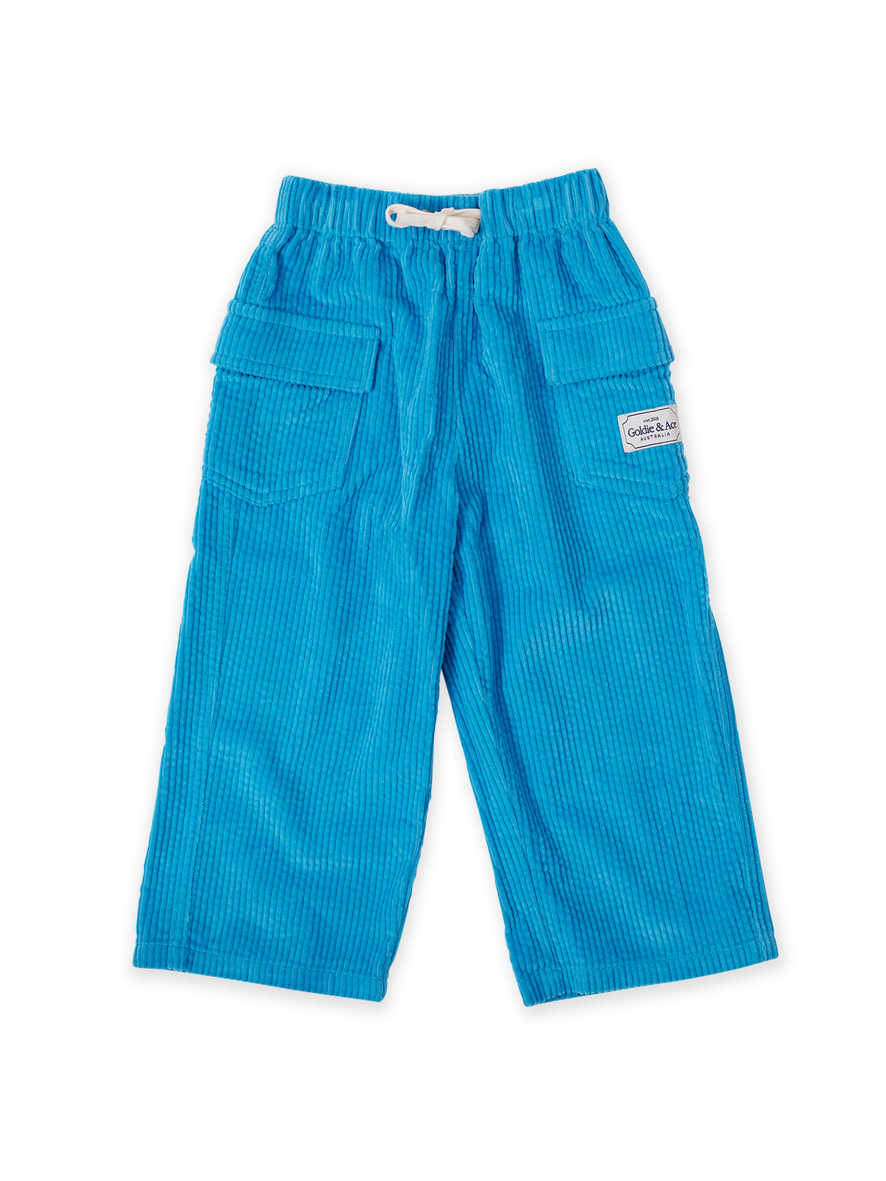 The Goldie + Ace Arlo Wide Leg Corduroy Pocket Pant in Lake pictured on a transparent background. The material is 100% cotton. It is a bottom made for babies, toddlers and kids.