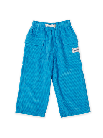 The Goldie + Ace Arlo Wide Leg Corduroy Pocket Pant in Lake pictured on a transparent background. The material is 100% cotton. It is a bottom made for babies, toddlers and kids.