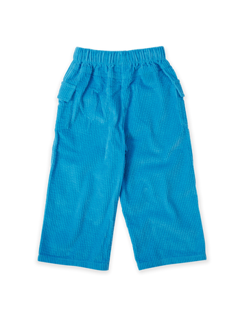 The Goldie + Ace Arlo Wide Leg Corduroy Pocket Pant in Lake pictured on a transparent background. The material is 100% cotton. It is a bottom made for babies, toddlers and kids.