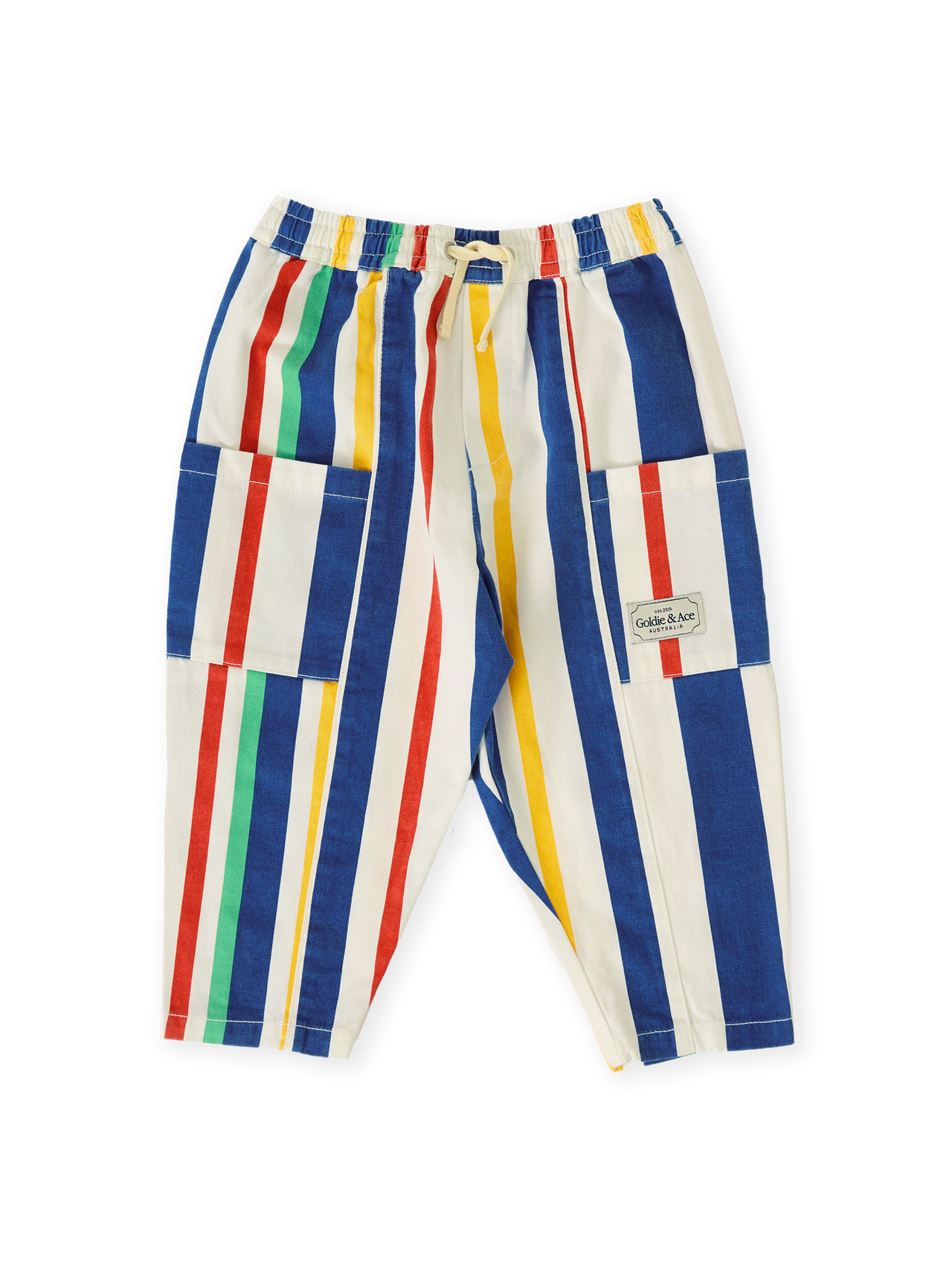 The Goldie + Ace 90's Bold Stripe Kit Denim Pocket Pant in Primary pictured on a transparent background. The material is 100% cotton. It is a bottom made for babies, toddlers and kids.