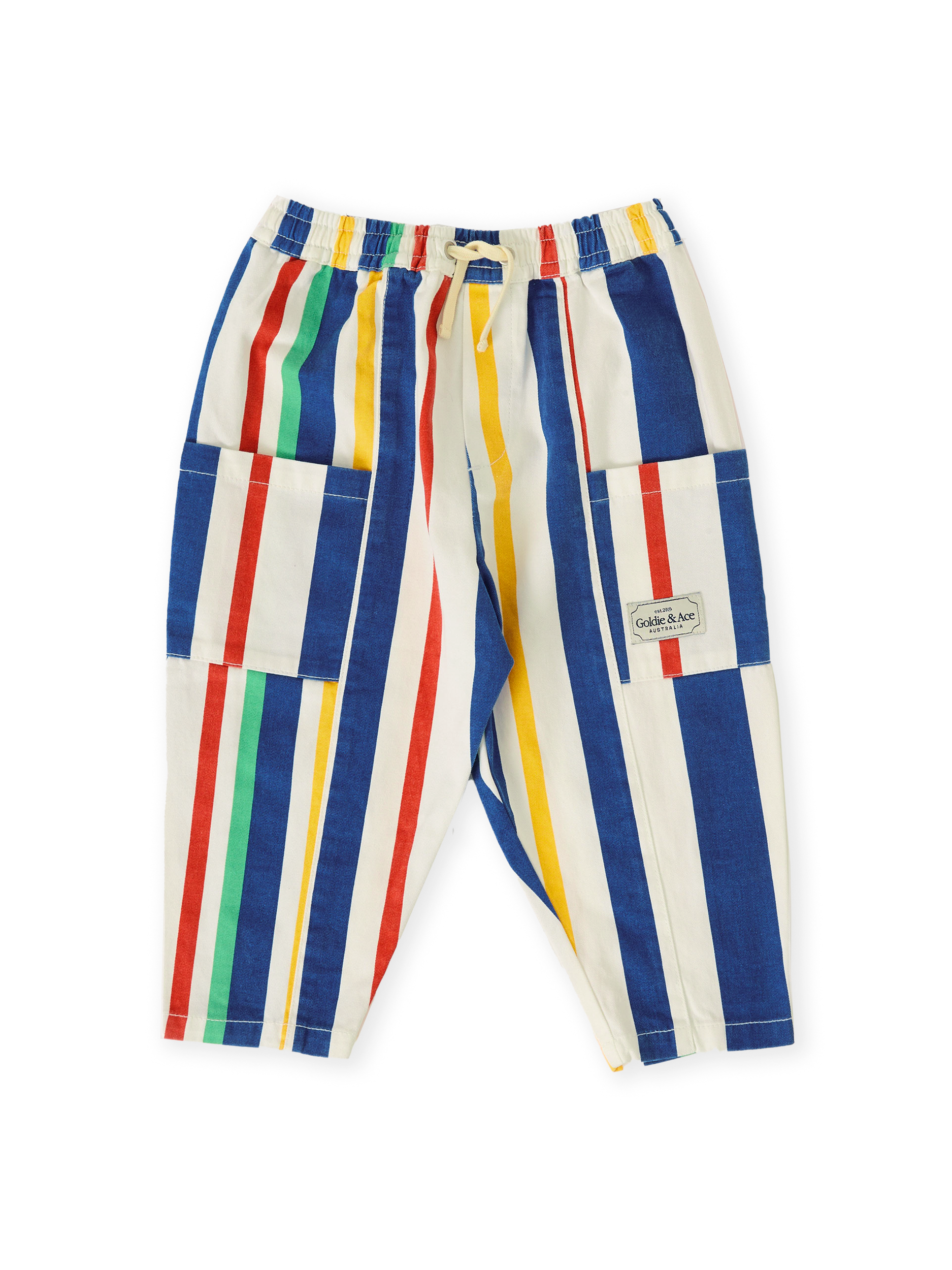 The Goldie + Ace 90's Bold Stripe Kit Denim Pocket Pant in Primary pictured on a transparent background. The material is 100% cotton. It is a bottom made for babies, toddlers and kids.