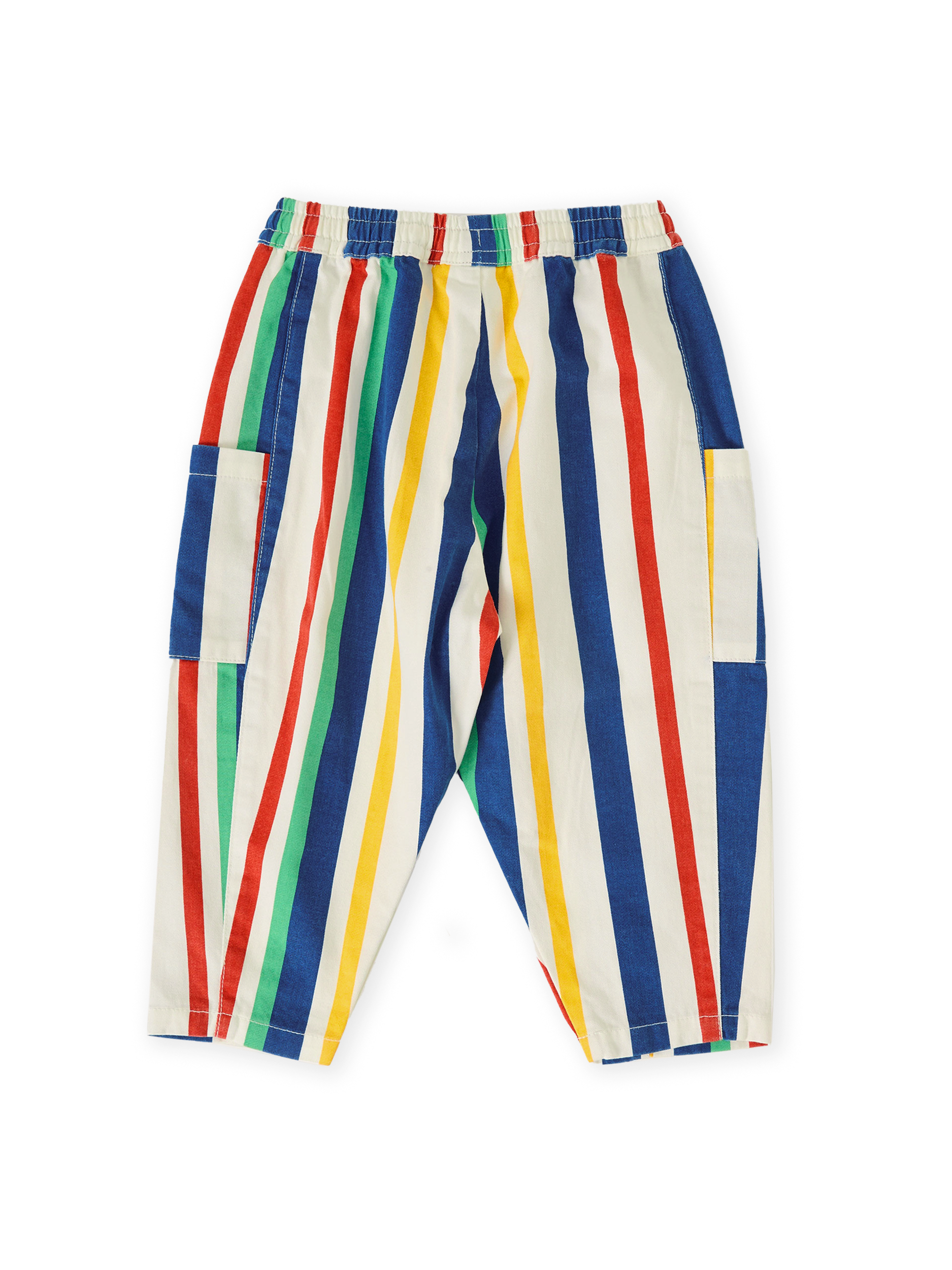 The Goldie + Ace 90's Bold Stripe Kit Denim Pocket Pant in Primary pictured on a transparent background. The material is 100% cotton. It is a bottom made for babies, toddlers and kids.