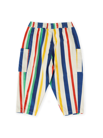 The Goldie + Ace 90's Bold Stripe Kit Denim Pocket Pant in Primary pictured on a transparent background. The material is 100% cotton. It is a bottom made for babies, toddlers and kids.