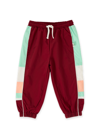 The Goldie + Ace Retro Sporty Pants in Brick/Peapod pictured on a transparent background. The material is poly with cotton lining. It is a bottom made for babies, toddlers and kids.