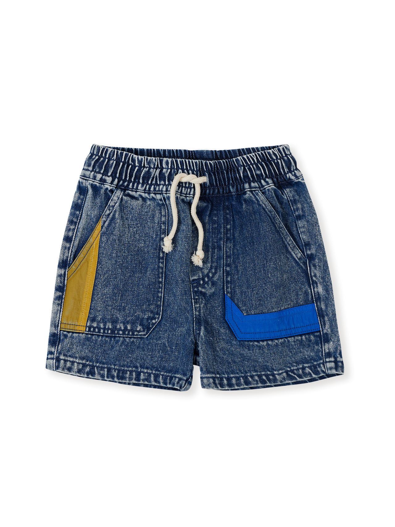 The Goldie + Ace Primary Pop Noah Denim Shorts in Dark Denim pictured on a transparent background. The material is 100% cotton. It is a bottom made for babies, toddlers and kids.