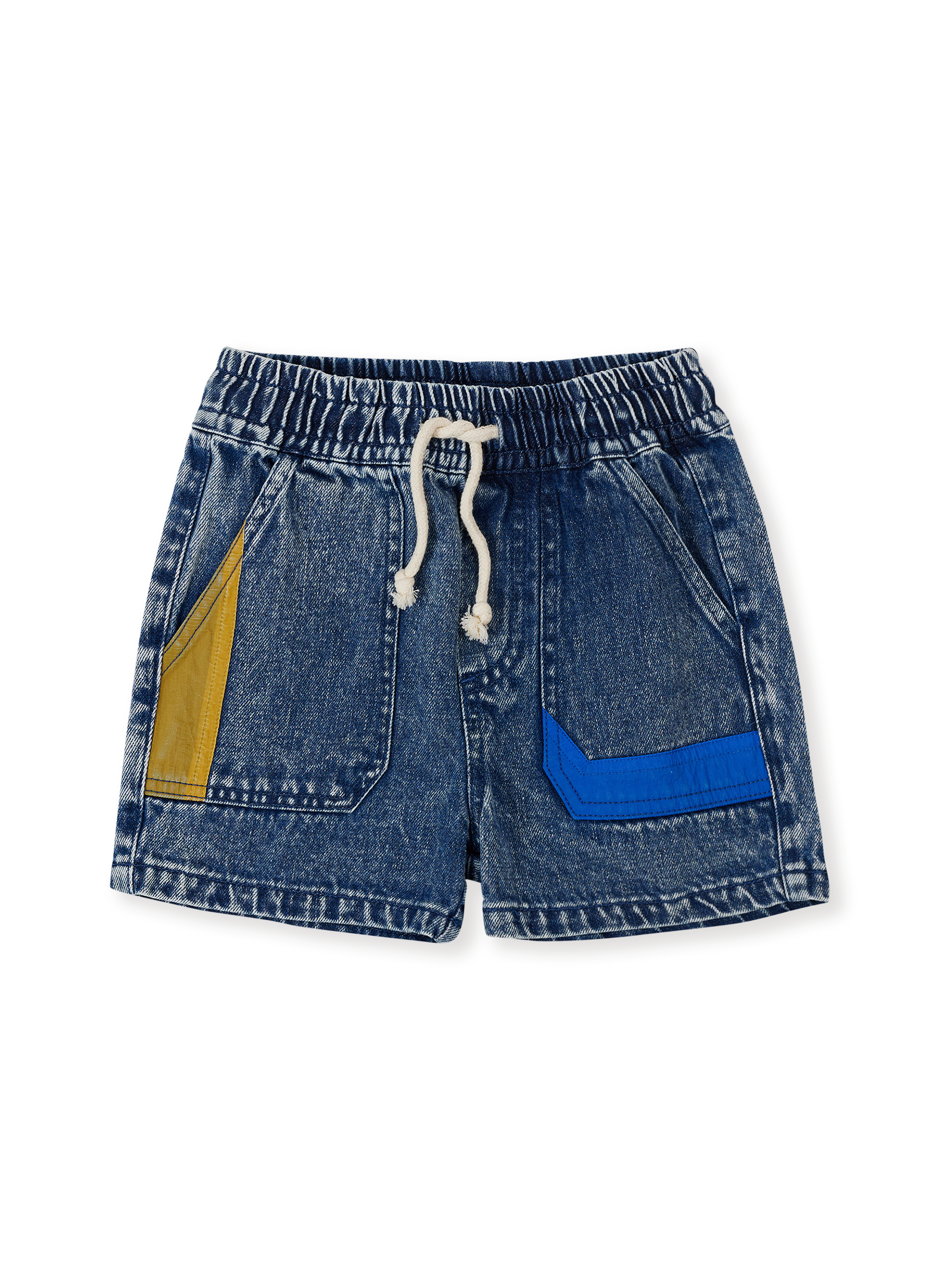 The Goldie + Ace Primary Pop Noah Denim Shorts in Dark Denim pictured on a transparent background. The material is 100% cotton. It is a bottom made for babies, toddlers and kids.