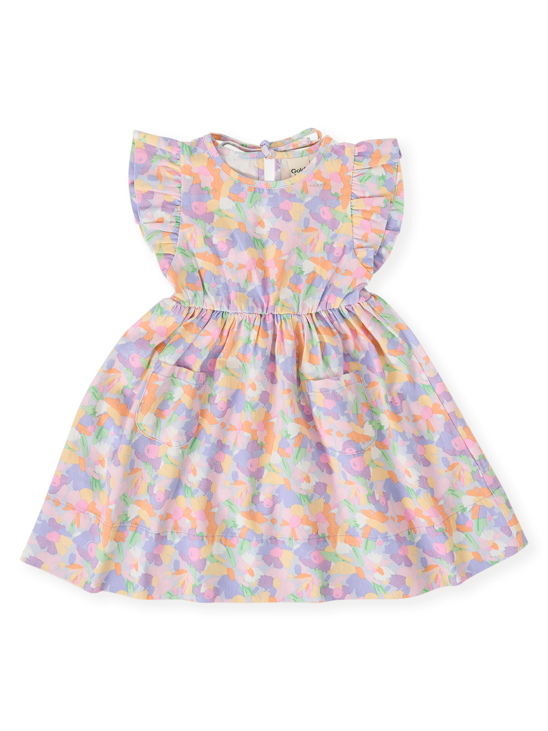 The Goldie + Ace Pastel Bouquet Lyla Dress in Lilac Multi pictured on a transparent background. The material is 100% cotton. It is a dress made for babies, toddlers and kids.