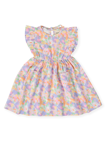 The Goldie + Ace Pastel Bouquet Lyla Dress in Lilac Multi pictured on a transparent background. The material is 100% cotton. It is a dress made for babies, toddlers and kids.