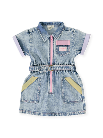 The Goldie + Ace Pastel Pop Piper Denim Belted Dress in Light Denim pictured on a transparent background. The material is cotton. It is a dress made for babies, toddlers and kids.