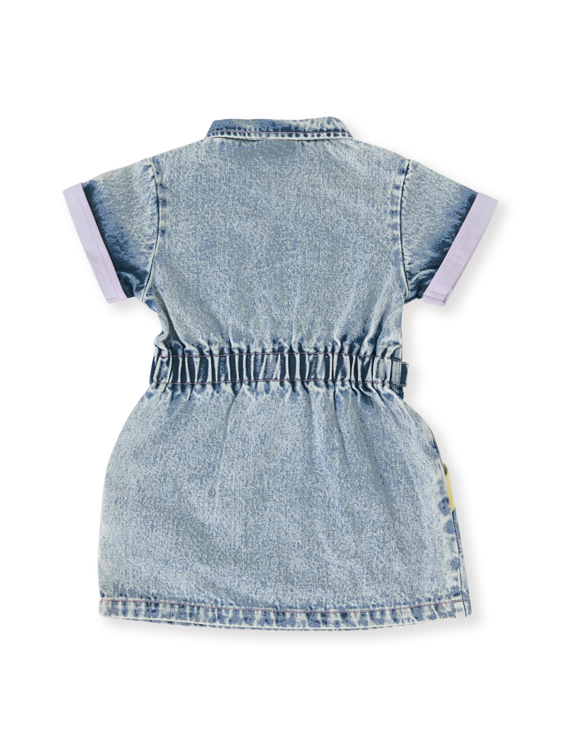 The Goldie + Ace Pastel Pop Piper Denim Belted Dress in Light Denim pictured on a transparent background. The material is cotton. It is a dress made for babies, toddlers and kids.