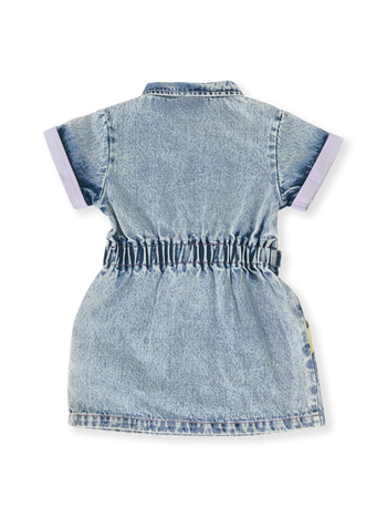 The Goldie + Ace Pastel Pop Piper Denim Belted Dress in Light Denim pictured on a transparent background. The material is cotton. It is a dress made for babies, toddlers and kids.