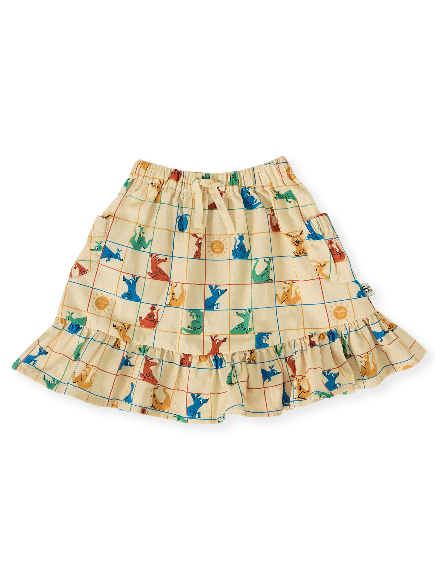 The Goldie + Ace Hopscotch Maya Pocket Skirt in Vanilla/Primary pictured on a transparent background. The material is 100% cotton. It is a bottom made for babies, toddlers and kids.