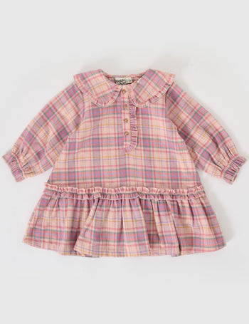 The Goldie + Ace Diana Collared Check Dress in Pink Multi pictured on a grey background. The material is cotton. It is a dress made for babies, toddlers and kids.