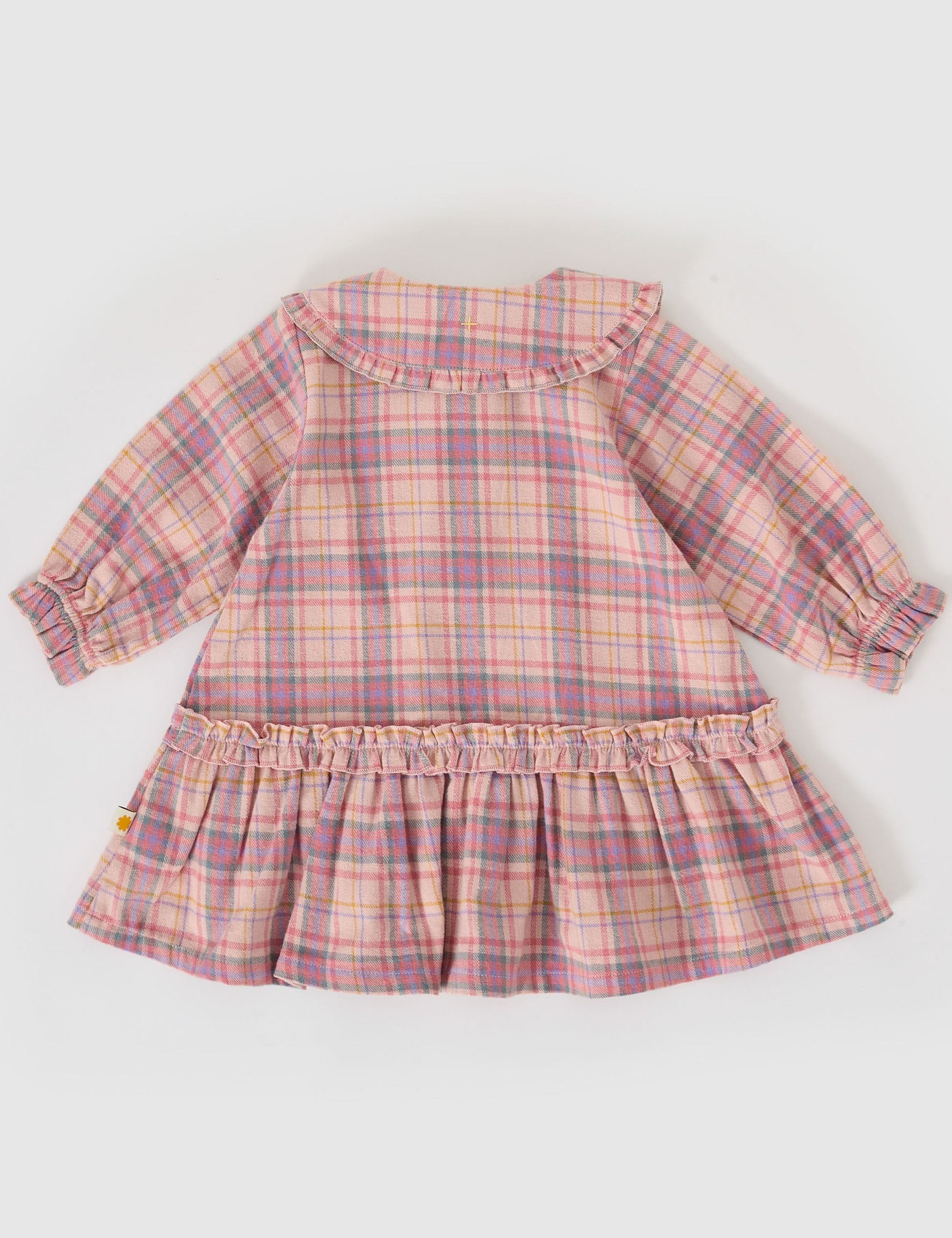 The Goldie + Ace Diana Collared Check Dress in Pink Multi pictured on a grey background. The material is cotton. It is a dress made for babies, toddlers and kids.