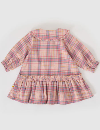 The Goldie + Ace Diana Collared Check Dress in Pink Multi pictured on a grey background. The material is cotton. It is a dress made for babies, toddlers and kids.