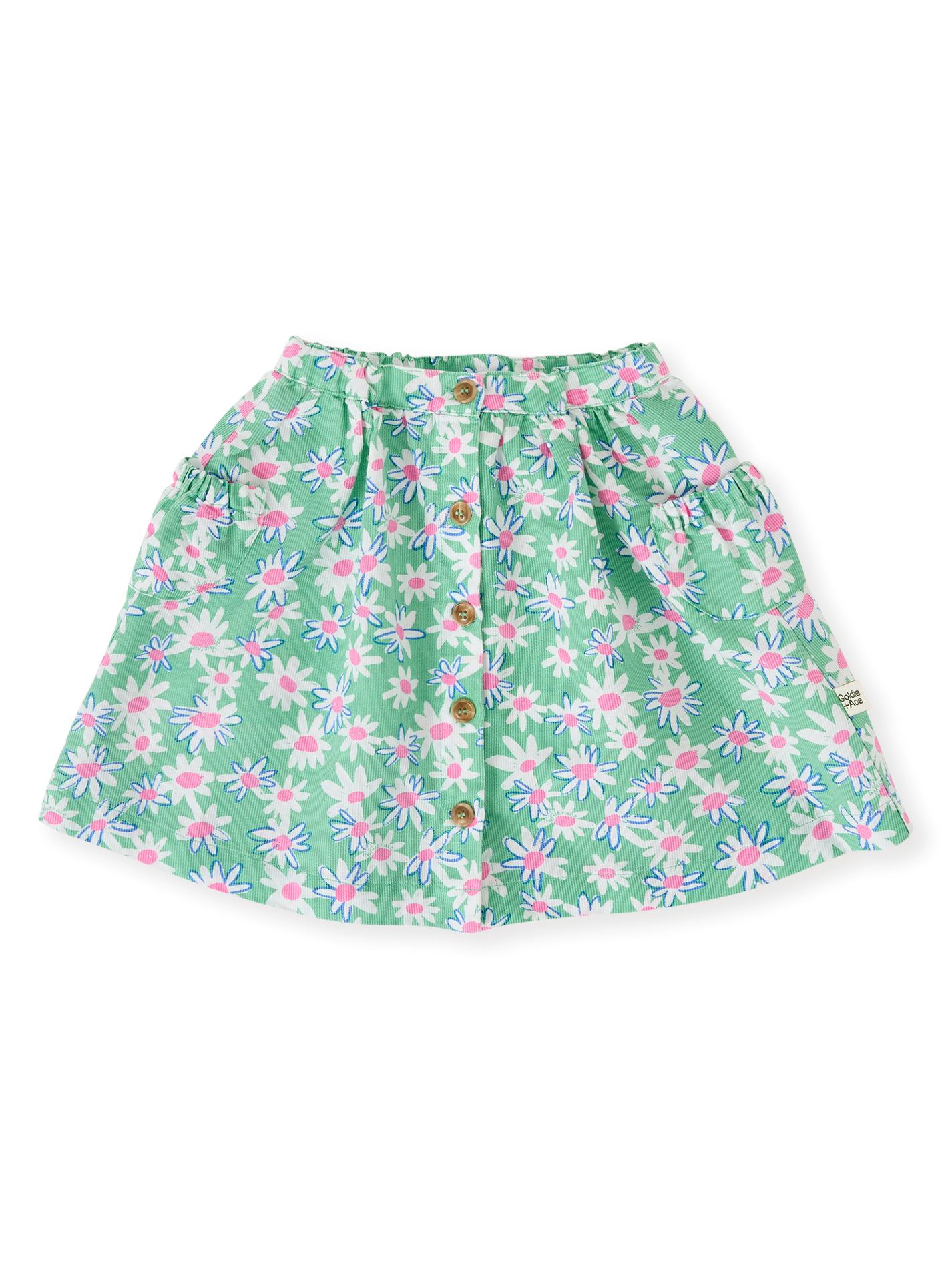 The Goldie + Ace Daisy Patch Presley Pocket Skirt in Moss pictured on a transparent background. The material is breathable cotton-linen blend. It is a bottom made for babies, toddlers and kids.