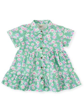 The Goldie + Ace Daisy Patch Monica Dress in Moss pictured on a transparent background. The material is breathable cotton-linen blend. It is a dress made for babies, toddlers and kids.