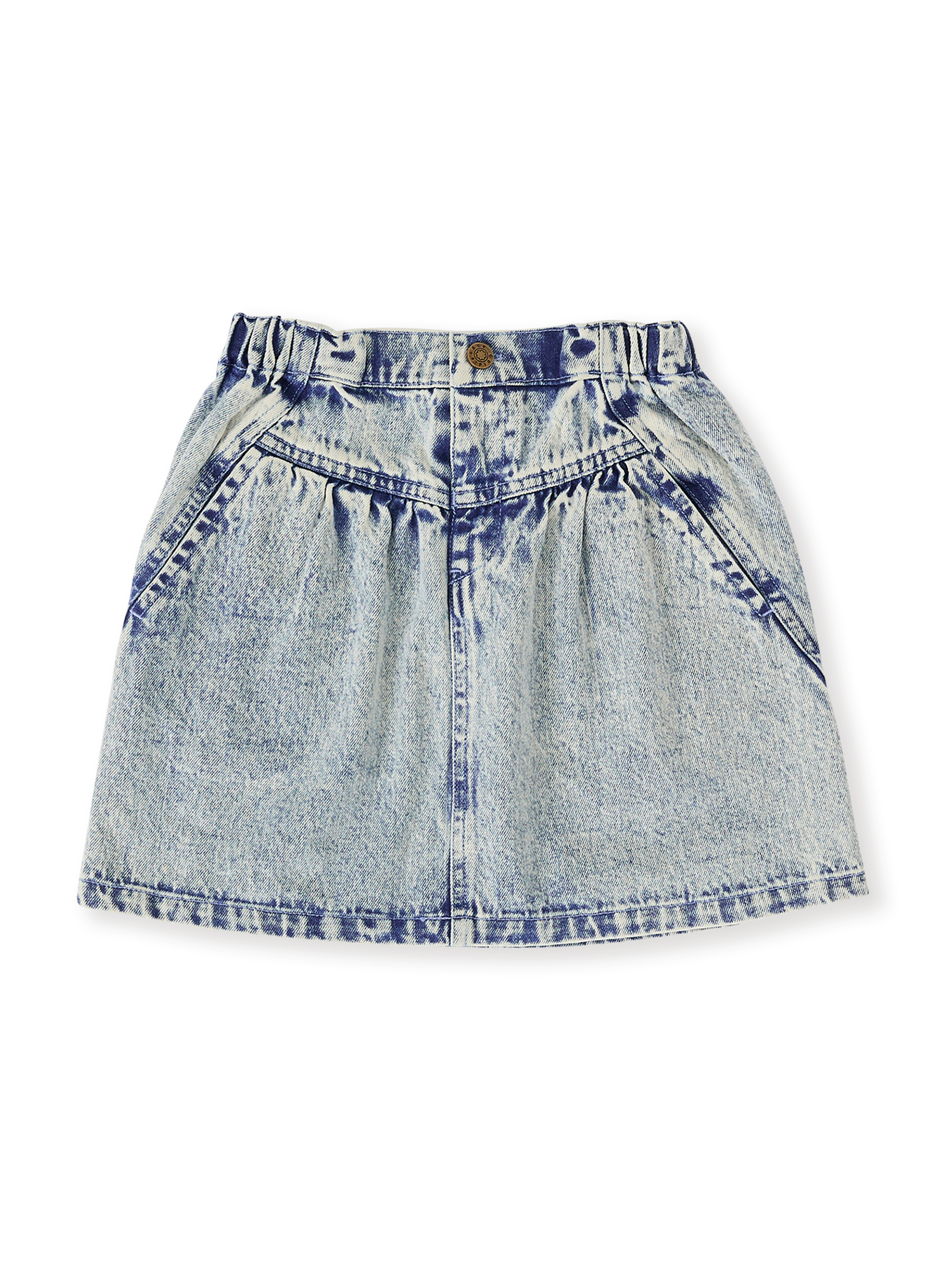 The Goldie + Ace Esta A-Line Denim Skirt in Light Denim pictured on a transparent background. The material is 100% cotton. It is a bottom made for babies, toddlers and kids.