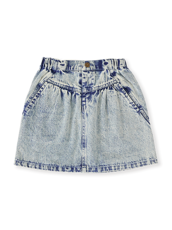 The Goldie + Ace Esta A-Line Denim Skirt in Light Denim pictured on a transparent background. The material is 100% cotton. It is a bottom made for babies, toddlers and kids.
