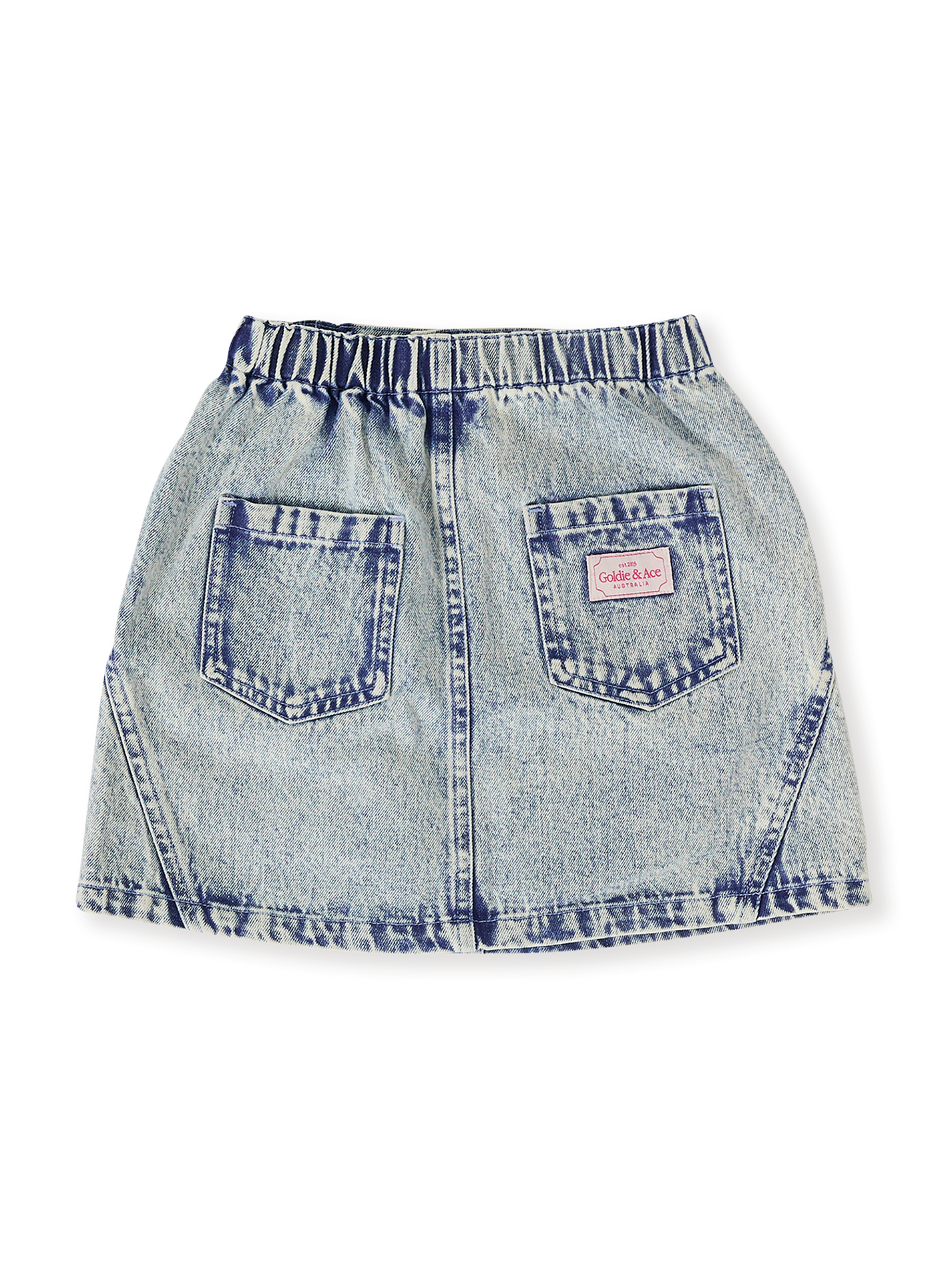 The Goldie + Ace Esta A-Line Denim Skirt in Light Denim pictured on a transparent background. The material is 100% cotton. It is a bottom made for babies, toddlers and kids.