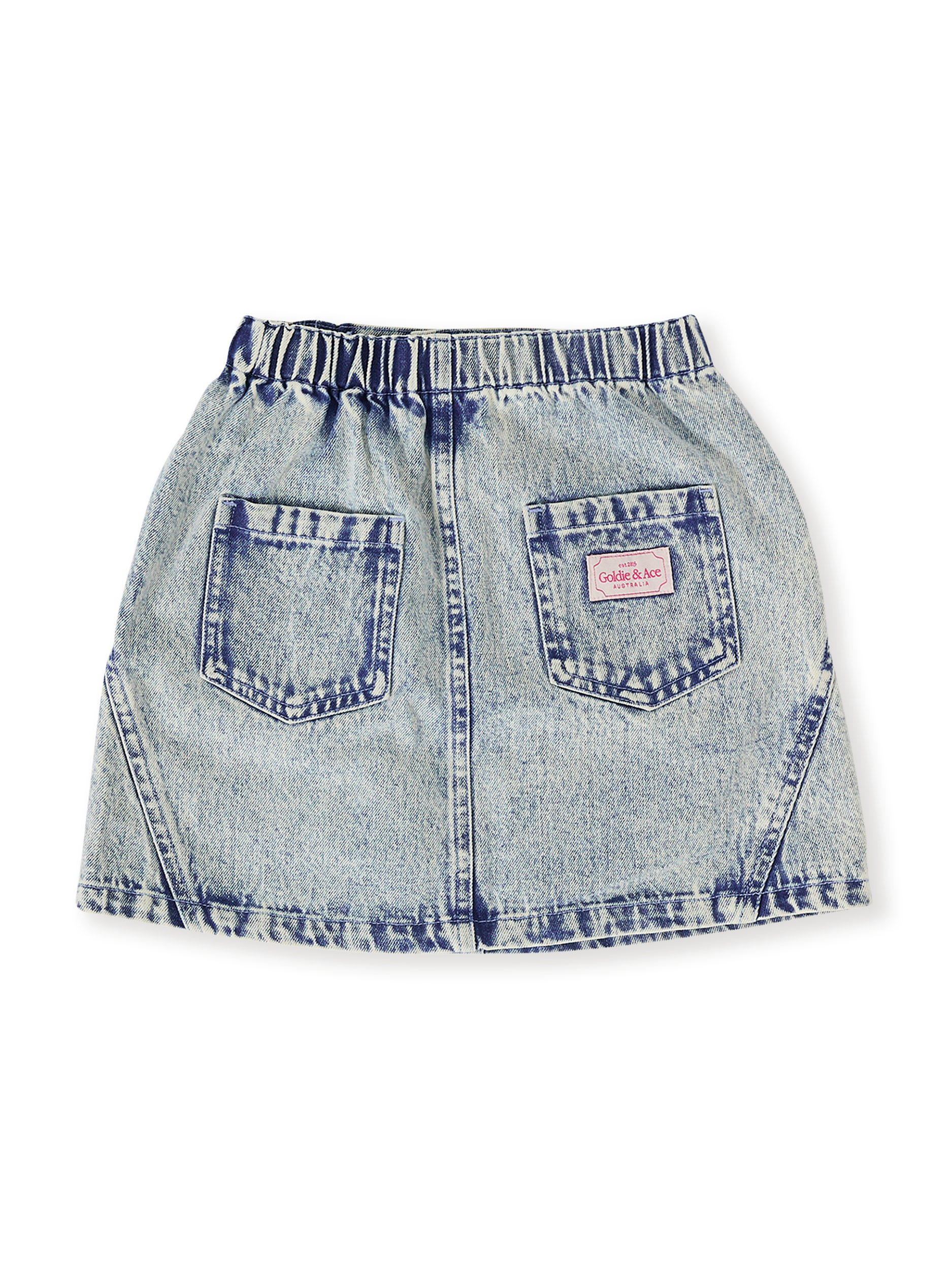 The Goldie + Ace Esta A-Line Denim Skirt in Light Denim pictured on a transparent background. The material is 100% cotton. It is a bottom made for babies, toddlers and kids.