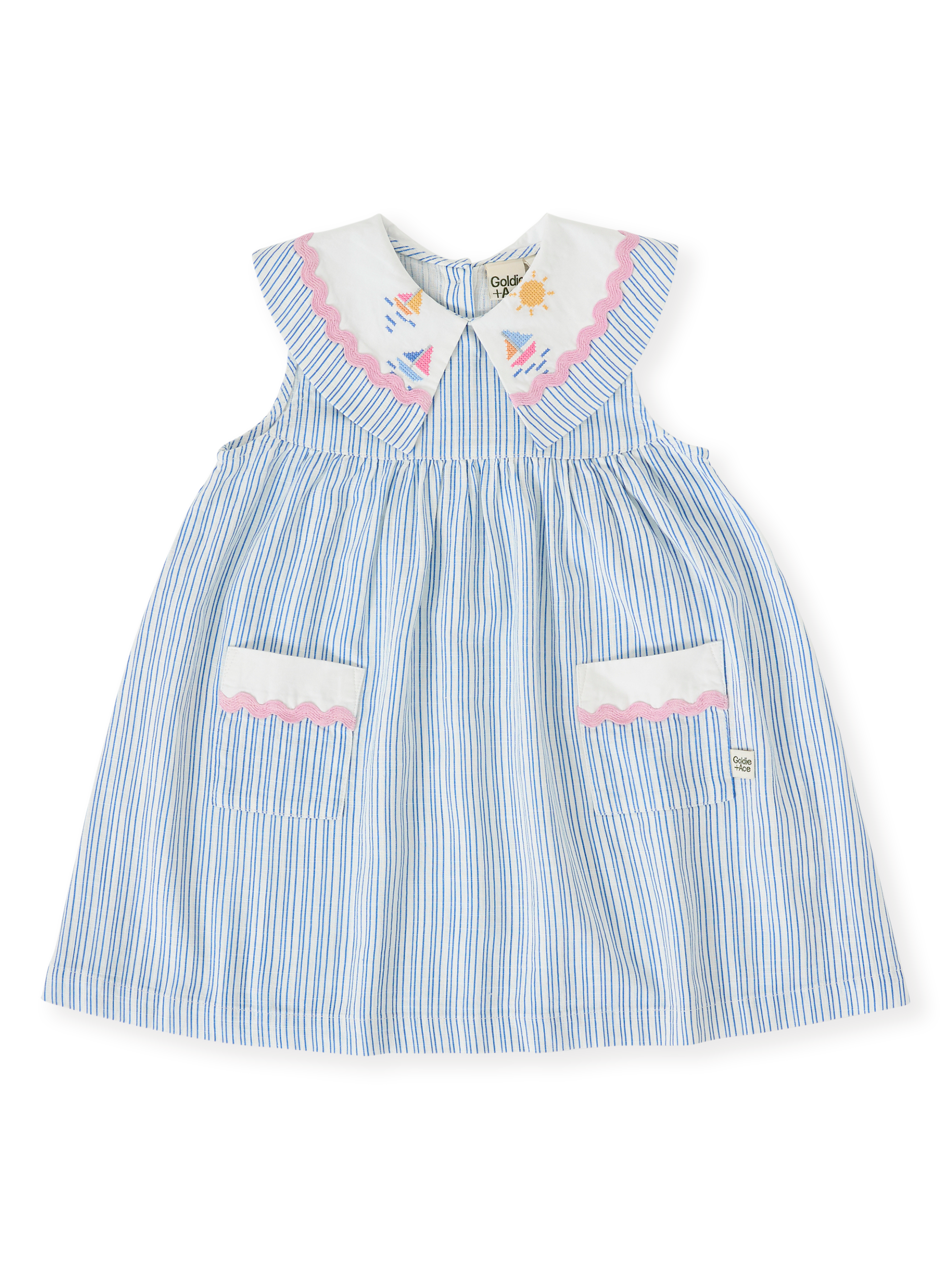 The Goldie + Ace Sailor Stripe Lucy Collared Dress in Ocean/Ivory pictured on a transparent background. The material is soft and breathable rayon-linen blend. It is a dress made for babies, toddlers and kids.