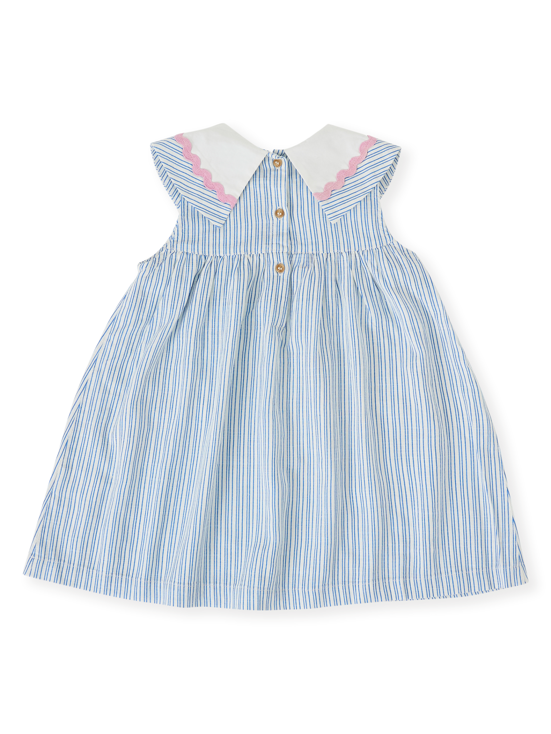 The Goldie + Ace Sailor Stripe Lucy Collared Dress in Ocean/Ivory pictured on a transparent background. The material is soft and breathable rayon-linen blend. It is a dress made for babies, toddlers and kids.