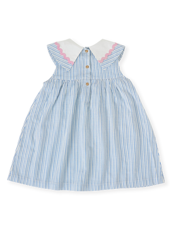 The Goldie + Ace Sailor Stripe Lucy Collared Dress in Ocean/Ivory pictured on a transparent background. The material is soft and breathable rayon-linen blend. It is a dress made for babies, toddlers and kids.