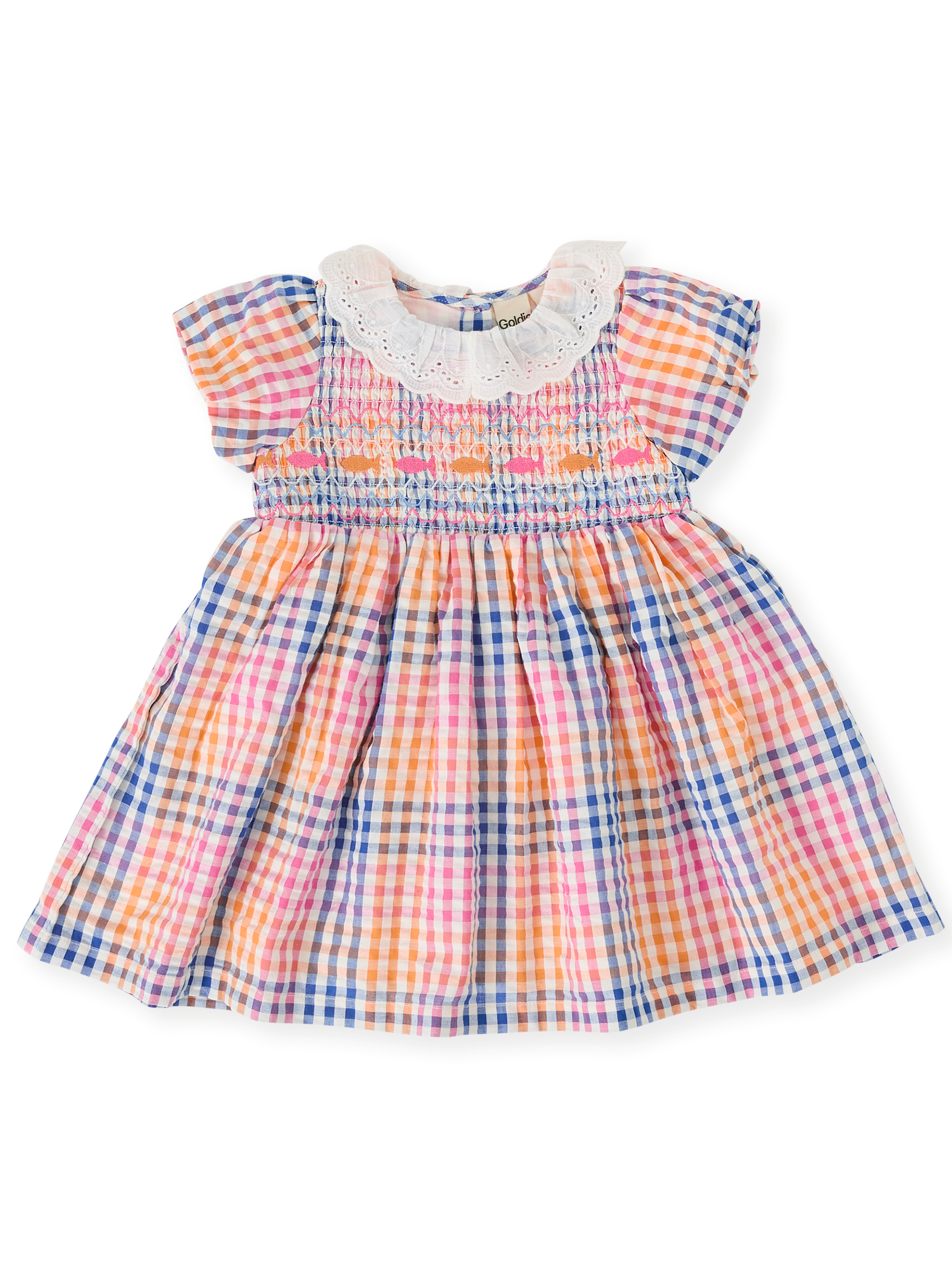 The Goldie + Ace Rainbow Gingham Flo Smocked Dress in Multi pictured on a transparent background. The material is cotton with cotton lining. It is a dress made for babies, toddlers and kids.