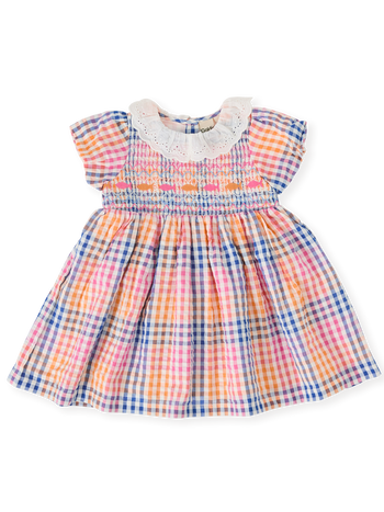 The Goldie + Ace Rainbow Gingham Flo Smocked Dress in Multi pictured on a transparent background. The material is cotton with cotton lining. It is a dress made for babies, toddlers and kids.