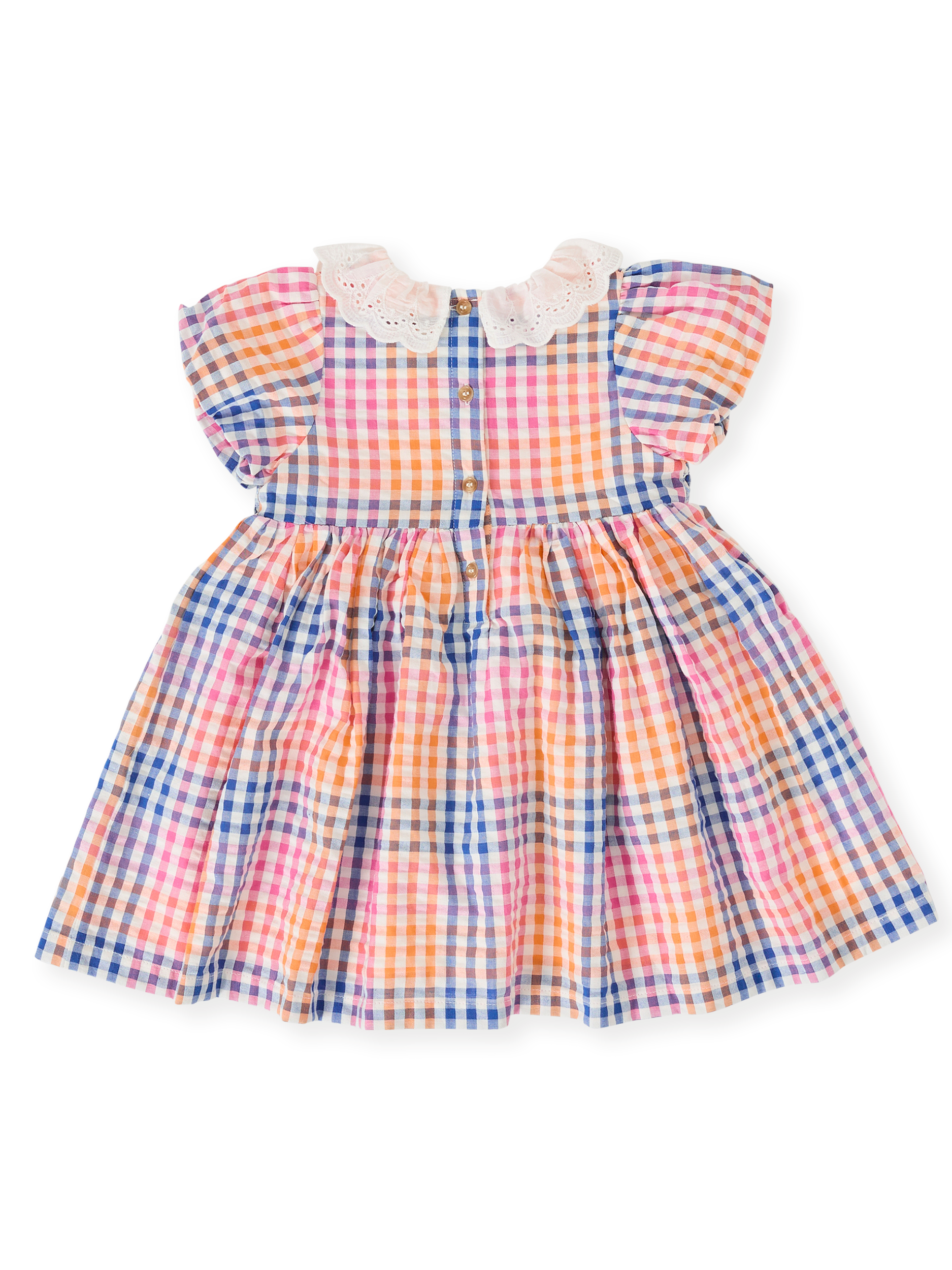 The Goldie + Ace Rainbow Gingham Flo Smocked Dress in Multi pictured on a transparent background. The material is cotton with cotton lining. It is a dress made for babies, toddlers and kids.