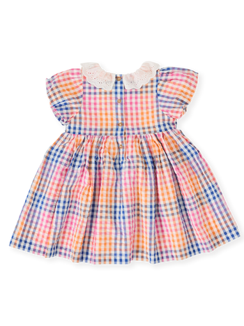 The Goldie + Ace Rainbow Gingham Flo Smocked Dress in Multi pictured on a transparent background. The material is cotton with cotton lining. It is a dress made for babies, toddlers and kids.