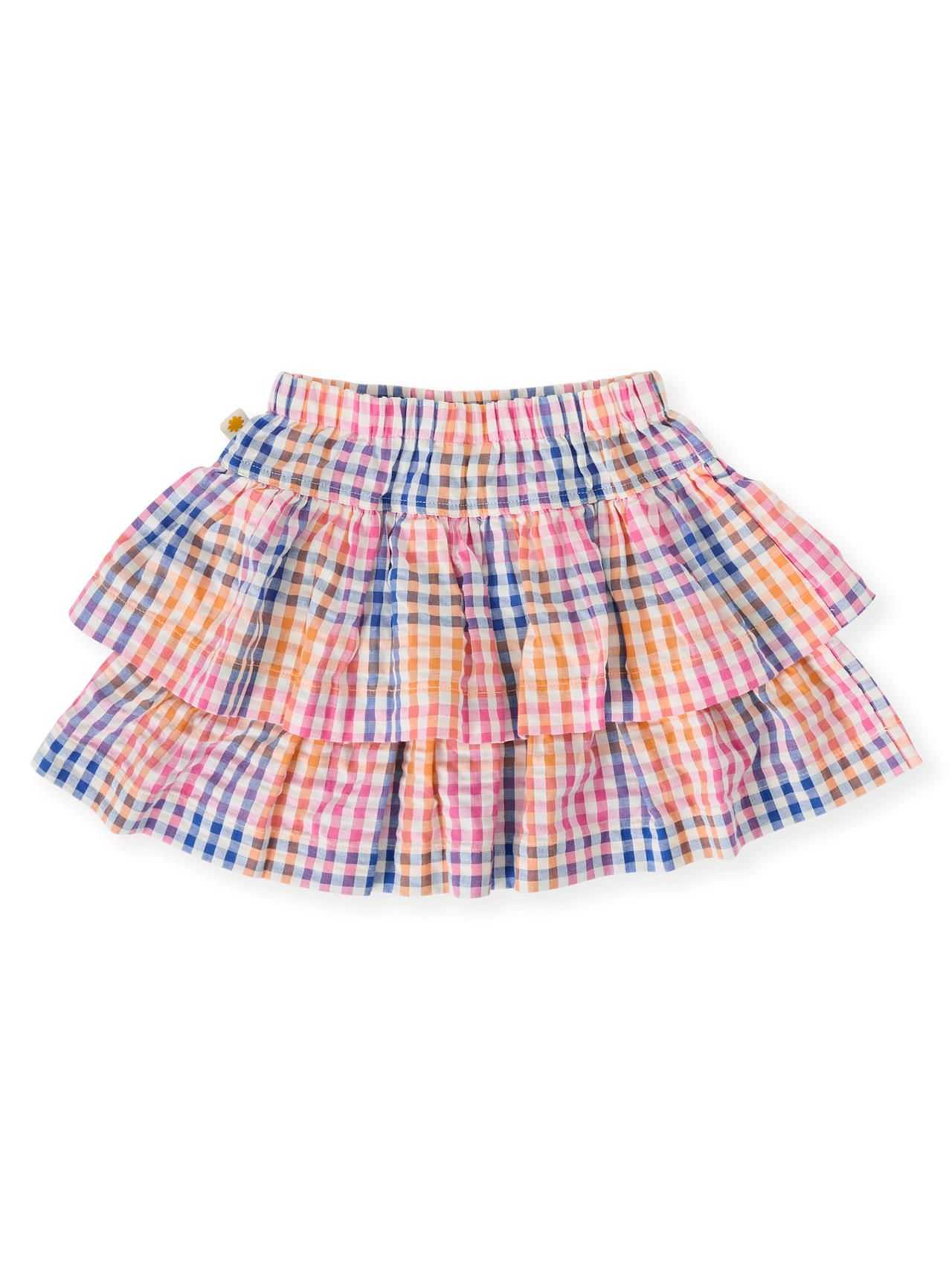 The Goldie + Ace Rainbow Gingham Ria Ruffle Skirt in Multi pictured on a transparent background. The material is 100% cotton. It is a bottom made for babies, toddlers and kids.