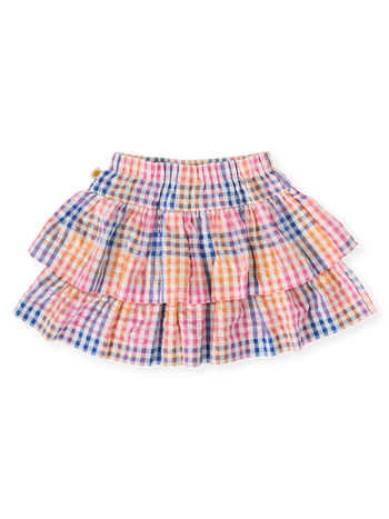 The Goldie + Ace Rainbow Gingham Ria Ruffle Skirt in Multi pictured on a transparent background. The material is 100% cotton. It is a bottom made for babies, toddlers and kids.