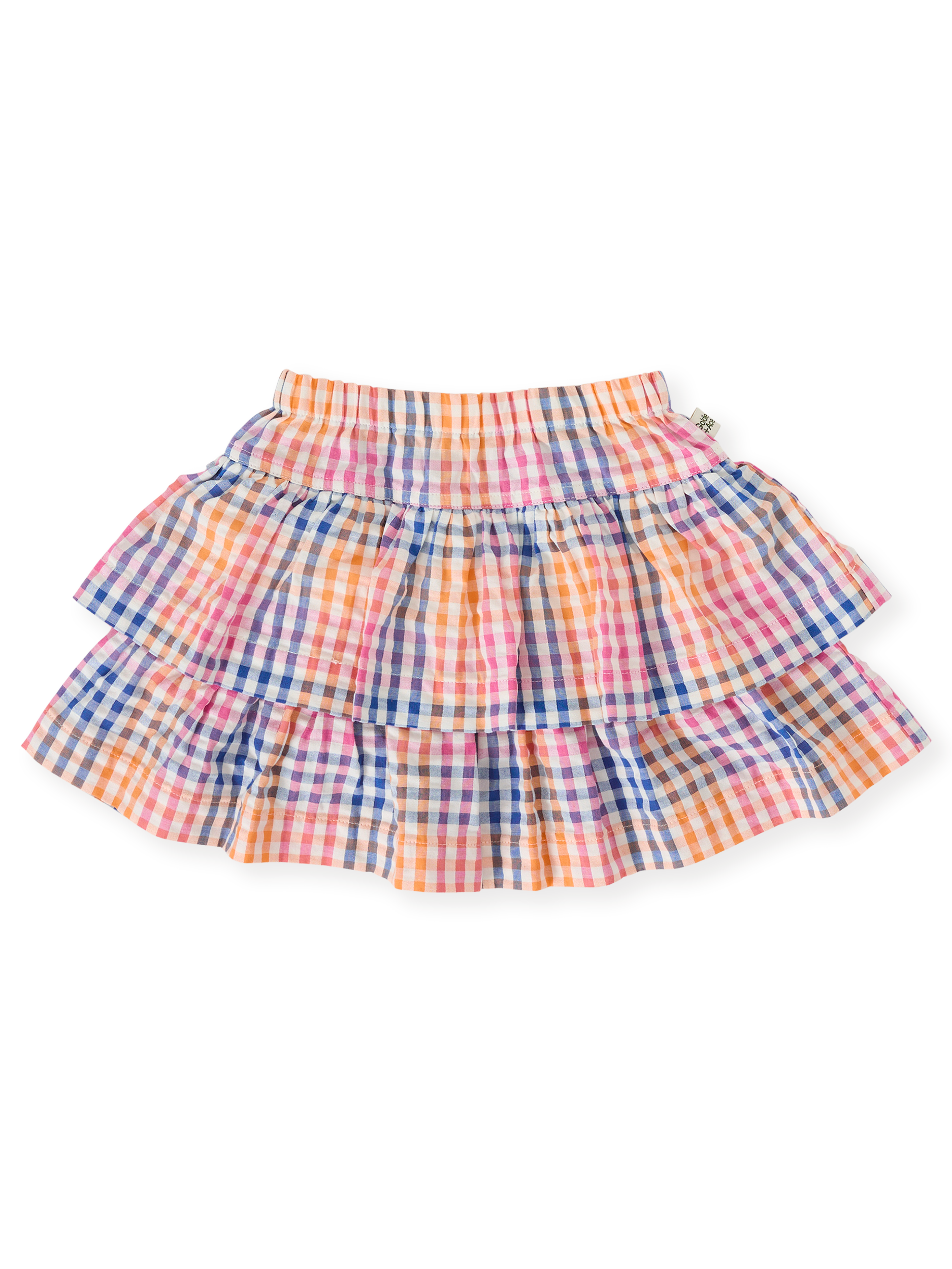 The Goldie + Ace Rainbow Gingham Ria Ruffle Skirt in Multi pictured on a transparent background. The material is 100% cotton. It is a bottom made for babies, toddlers and kids.