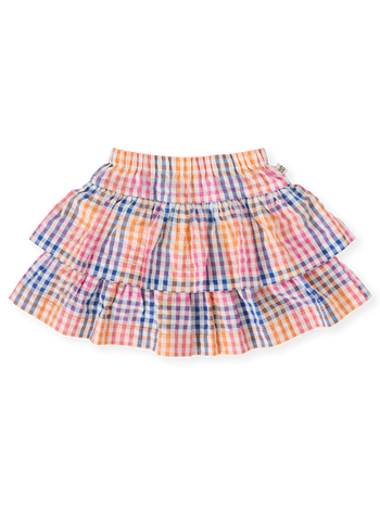 The Goldie + Ace Rainbow Gingham Ria Ruffle Skirt in Multi pictured on a transparent background. The material is 100% cotton. It is a bottom made for babies, toddlers and kids.