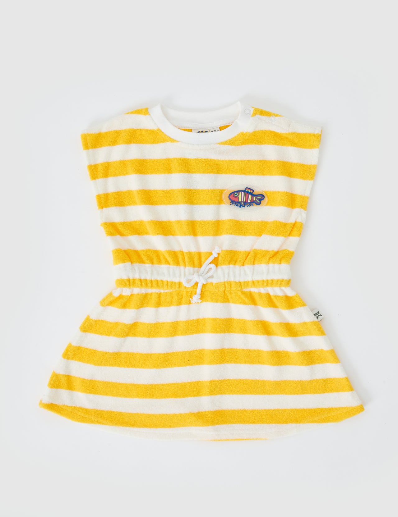 Little Fishy Terry Towelling Tie Dress Lemon Stripe