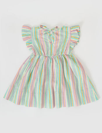 The Goldie + Ace Lyla Linen Dress in Resort Stripe pictured on a grey background. The material is linen. It is a dress made for babies, toddlers and kids.