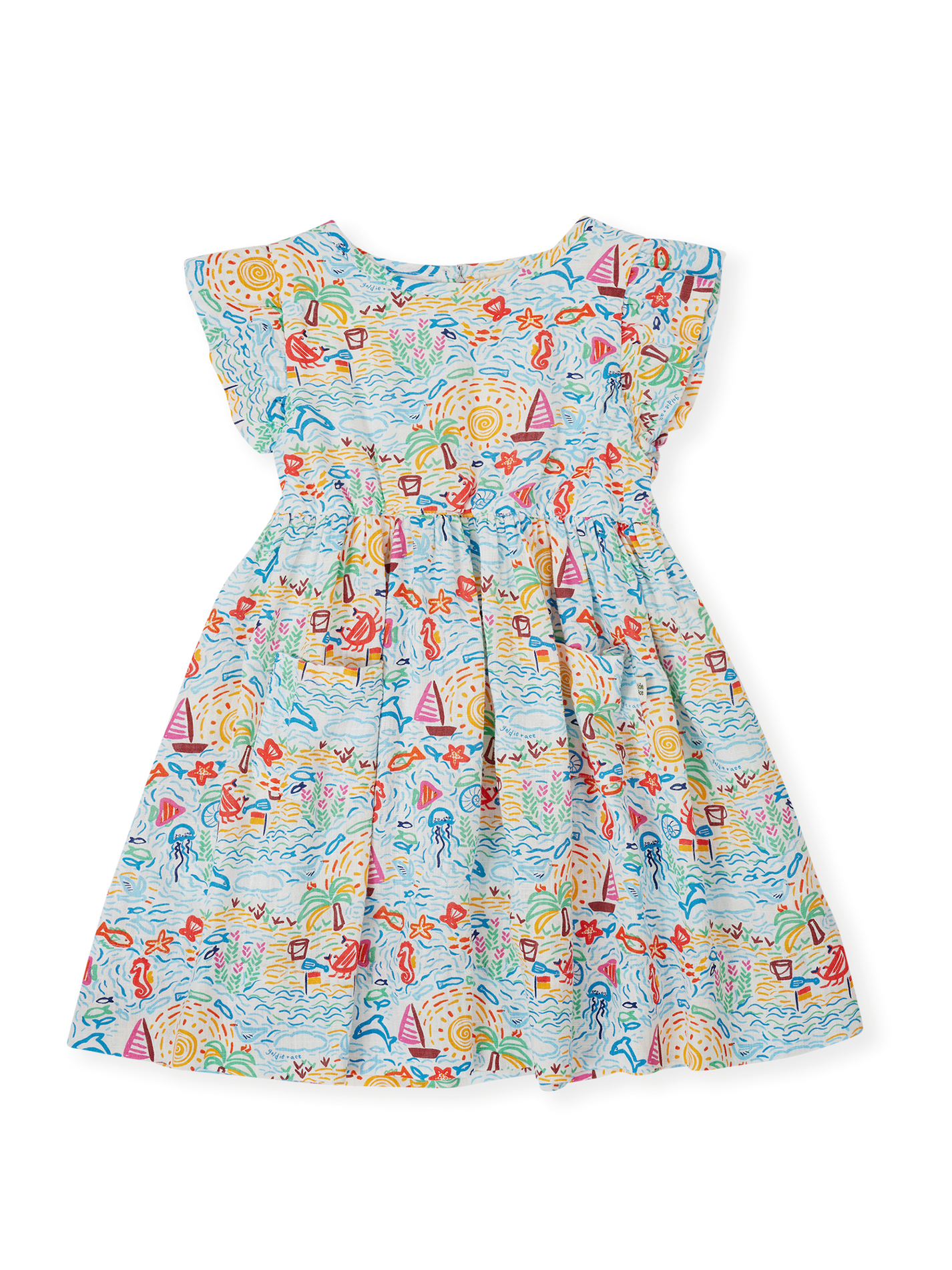 The Goldie + Ace Summer Bay Lyla Dress in Multi pictured on a transparent background. The material is linen blend. It is a dress made for babies, toddlers and kids.