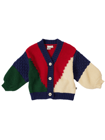 The Goldie + Ace Colour Block Knit Cardigan in Primary Multi pictured on a transparent background. The material is super soft wool blend. It is a knit made for babies, toddlers and kids.