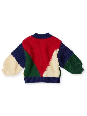 The Goldie + Ace Colour Block Knit Cardigan in Primary Multi pictured on a transparent background. The material is super soft wool blend. It is a knit made for babies, toddlers and kids.
