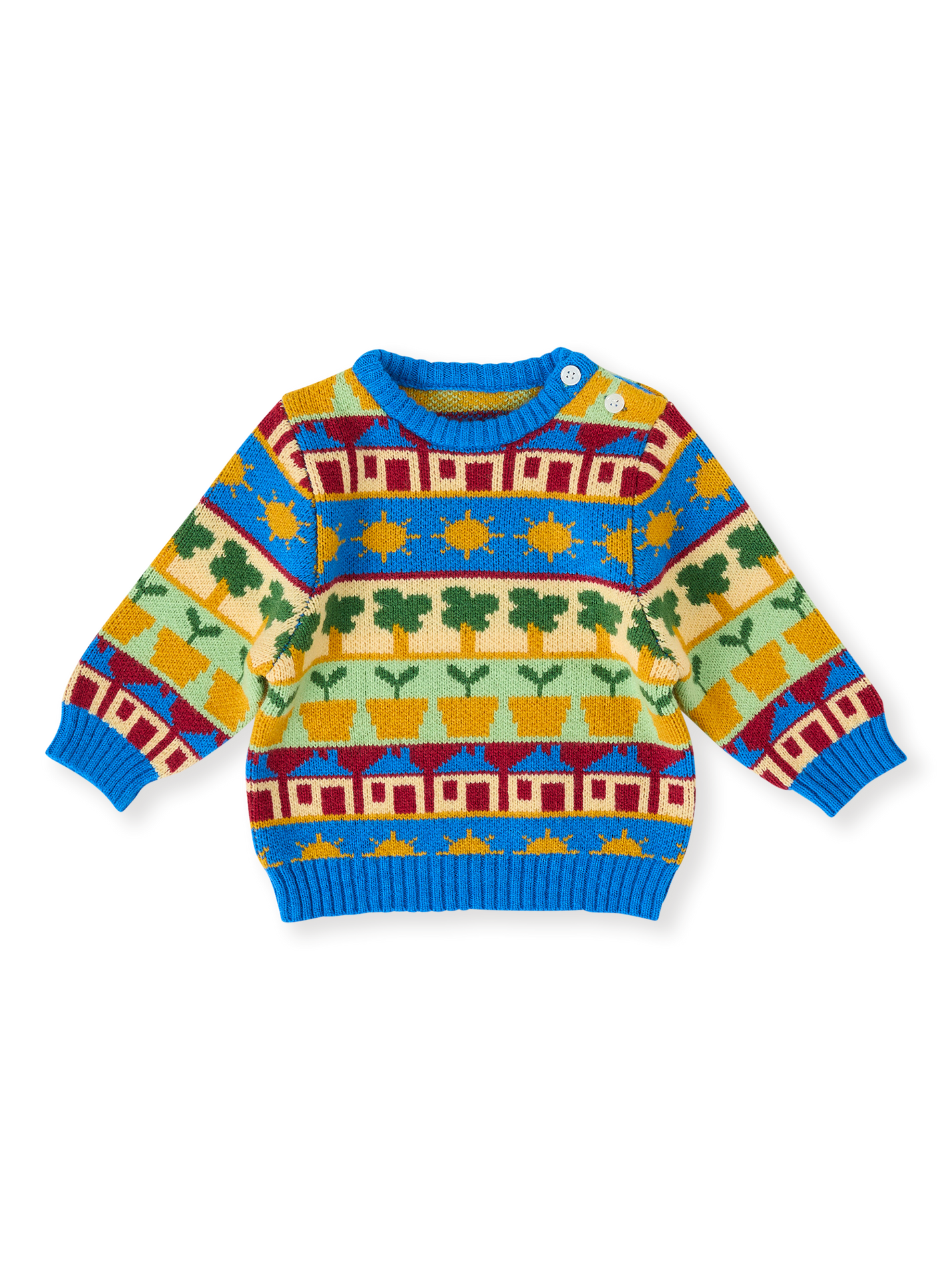 The Goldie + Ace Among The Gumtrees Knit Jumper in Blue Multi pictured on a transparent background. The material is soft knit made from wool, acrylic, and nylon. It is a knit made for babies, toddlers and kids.