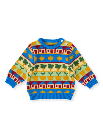 The Goldie + Ace Among The Gumtrees Knit Jumper in Blue Multi pictured on a transparent background. The material is soft knit made from wool, acrylic, and nylon. It is a knit made for babies, toddlers and kids.